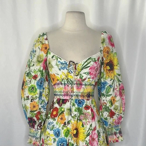 ALICE + OLIVIA Crawford Sweetheart Mini Dress Floral Puff Sleeves Lace Up Size 0